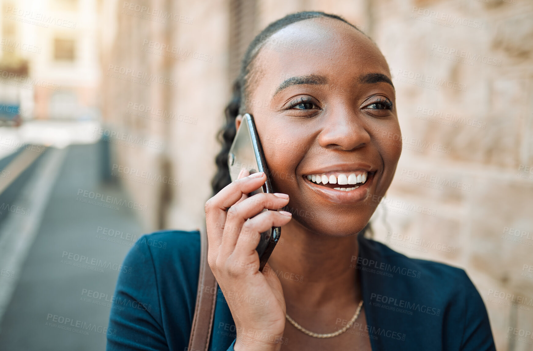 Buy stock photo Happy black woman, phone call and walking in city for conversation or communication outdoors. African female person smile for business discussion, networking or travel on smartphone in an urban town