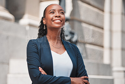 Buy stock photo Arms crossed, happy black woman or lawyer thinking with smile or confidence working in a law firm. Court, empowerment or proud African attorney with leadership, ideas or vision for legal agency 