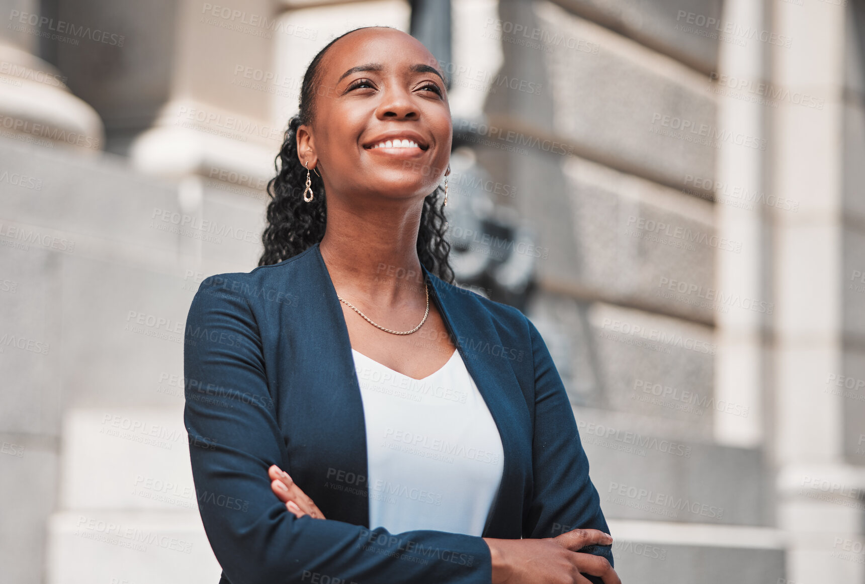 Buy stock photo Arms crossed, happy black woman or lawyer thinking with smile or confidence working in a law firm. Court, empowerment or proud African attorney with leadership, ideas or vision for legal agency 