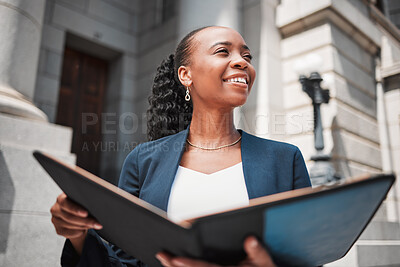 Buy stock photo Book, black woman or lawyer thinking of education, legislation or constitution research by law firm. Reading, studying or happy attorney with knowledge, ideas or vision for legal agency by court 