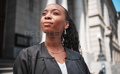 Buy stock photo Court, woman judge or lawyer outside, thinking and professional career in legal justice system. Pride, confidence and attorney with ideas, motivation and advocate on street at law firm in Africa.