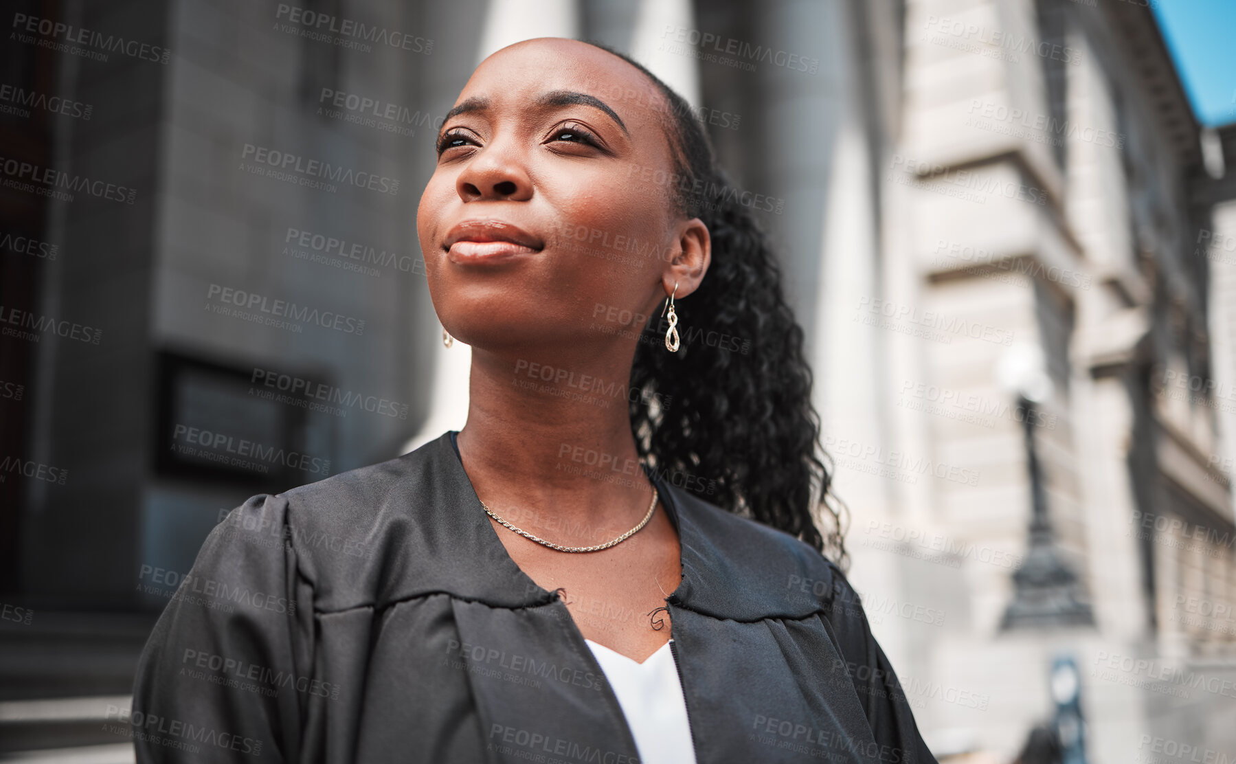 Buy stock photo Court, woman judge or lawyer outside, thinking and professional career in legal justice system. Pride, confidence and attorney with ideas, motivation and advocate on street at law firm in Africa.