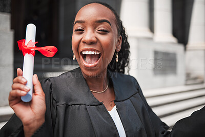 Buy stock photo Excited, black woman and graduation, diploma and success with celebration, university education and event. Graduate, certificate and happy student person outdoor with future and academic achievement