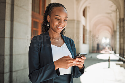 Buy stock photo Phone, travel and a business black woman in the city, searching for directions or typing a message. Mobile, commute and map with a young female employee looking for a location on a navigation app