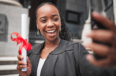 Buy stock photo Selfie, black woman and graduation, diploma and memory with celebration, university education success and event. Graduate, student person smile in picture outdoor and future with academic achievement