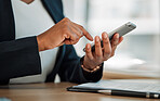 Closeup, trader or hands typing on a phone for social media chat, internet post or website notification. Searching, trading news blog or worker texting on online networking mobile app in office 
