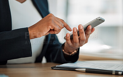 Buy stock photo Closeup, trader or hands typing on a phone for social media chat, internet post or website notification. Searching, trading news blog or worker texting on online networking mobile app in office 
