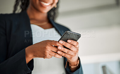 Buy stock photo Closeup, worker or hands typing on a phone for social media content, internet post or website notification. Searching, digital news blog or woman texting on online networking mobile app in office 