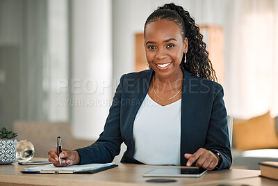 Buy stock photo Writing, tablet and business woman in portrait for financial accounting, taxes management and audit report or checklist. Professional African person or accountant on clipboard and digital technology