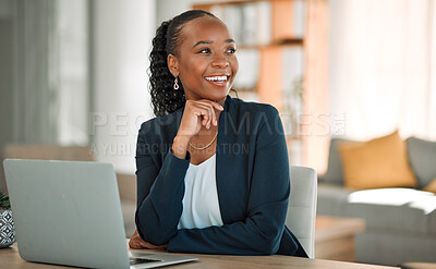 Buy stock photo Thinking, laptop and black woman with ideas doing remote work for business growth or future dream in a home office. Smile, happy and corporate employee or worker planning a project or goal online