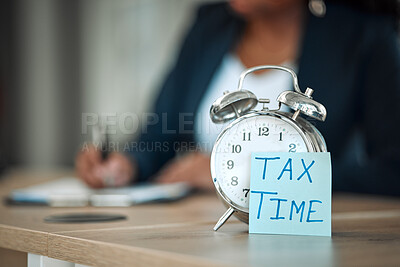 Buy stock photo Taxes, time and business person writing for financial report, accounting paperwork and documents or checklist. Clipboard, application reminder and professional people with clipboard, notes and clock