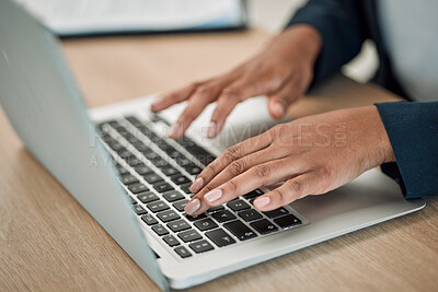 Buy stock photo Hands, typing on laptop and person working on market research on startup, project or networking in email or communication. Computer, keyboard and employee writing a proposal or planning a strategy