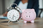 Piggy bank, clock or business person writing financial info or budget for savings or investment in office. Time management, reminder blur or professional worker with notes for insurance or taxes 
