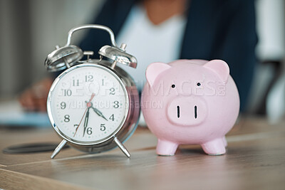 Buy stock photo Piggy bank, clock or business person writing financial info or budget for savings or investment in office. Time management, reminder blur or professional worker with notes for insurance or taxes 