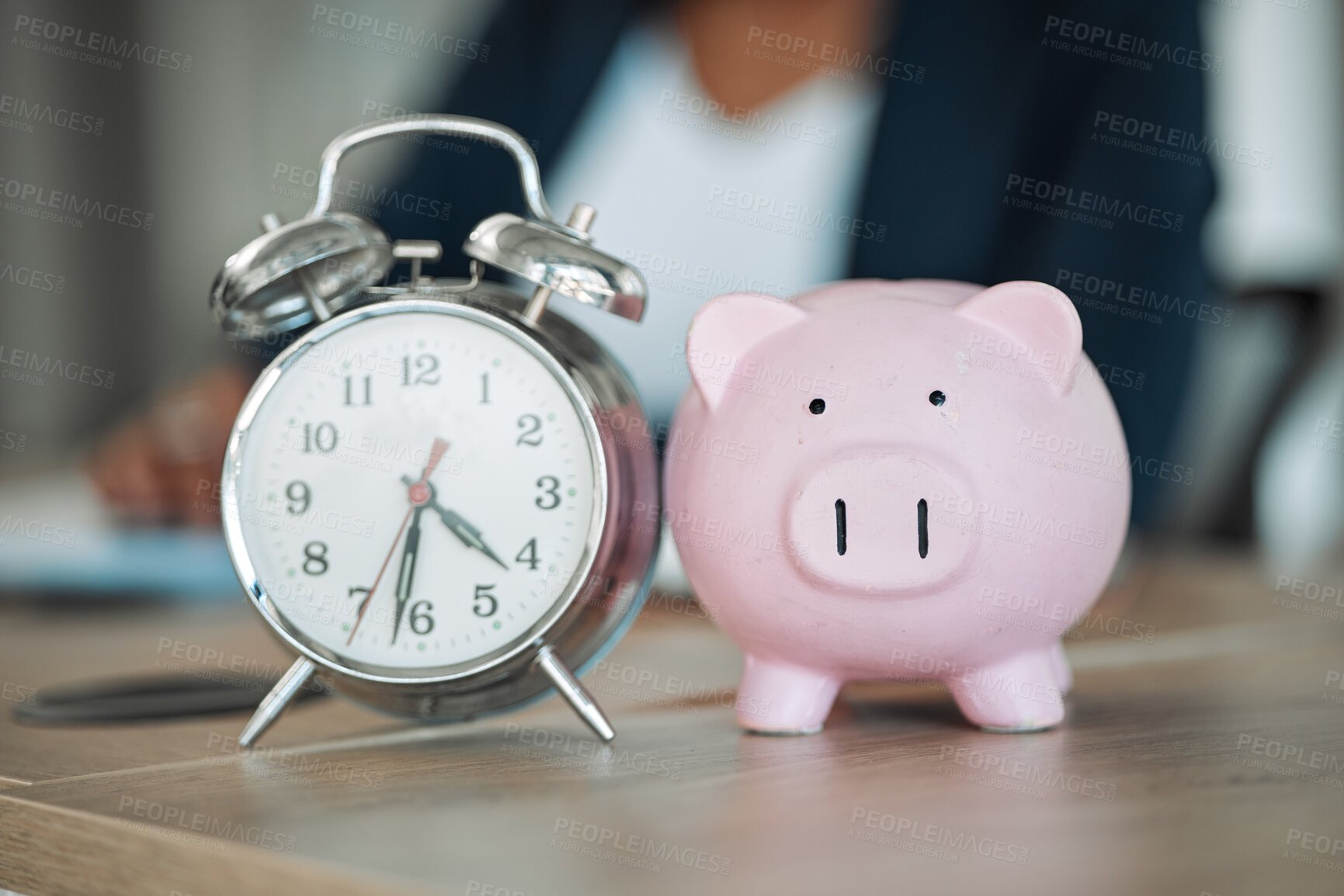 Buy stock photo Piggy bank, clock or business person writing financial info or budget for savings or investment in office. Time management, reminder blur or professional worker with notes for insurance or taxes 