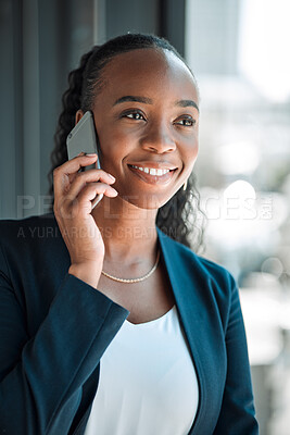 Buy stock photo Black woman, smile and phone call for business, communication and conversation. Smartphone, happy and African professional talking, listening and networking with contact to chat in corporate office.