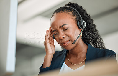 Buy stock photo Call center stress, anxiety or black woman with headache pain due to burnout fatigue in a telecom office. Migraine, failure crisis or tired consultant depressed or frustrated by crm or sales deadline