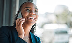 Black woman, funny and phone call for business, communication and conversation. Smartphone, happy and African professional talking, listening and laughing with contact to chat in corporate office.