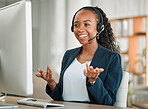 Computer, happy or black woman with headphones in call center for ecommerce or telemarketing advice. Customer service, virtual assistant or consultant with tech support headset for communication 