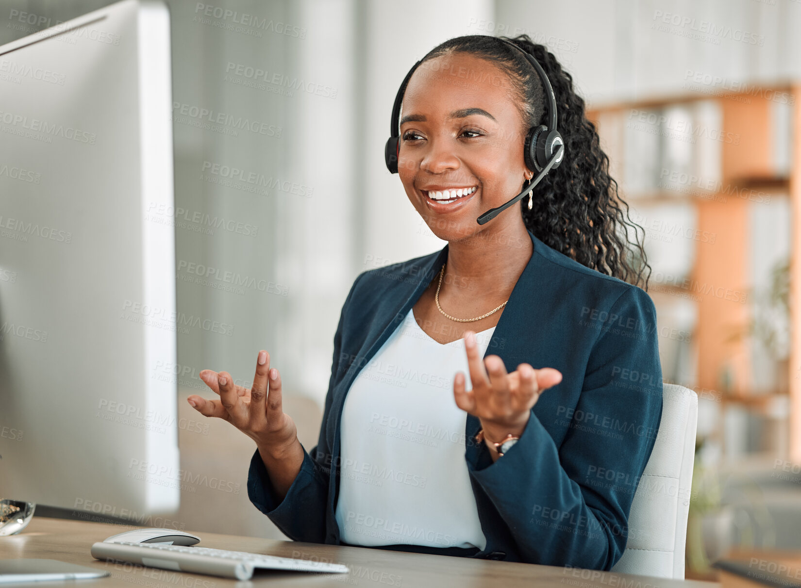 Buy stock photo Computer, happy or black woman with headphones in call center for ecommerce or telemarketing advice. Customer service, virtual assistant or consultant with tech support headset for communication 