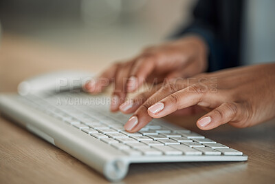 Buy stock photo Hands, trader or woman typing on computer working on email or research project on keyboard. Keyboard closeup, tading online or worker writing blog report, email or internet article review in office