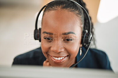 Buy stock photo Headphones, telemarketing and black woman with a smile, online reading and internet connection with help. Female person, crm and happy consultant with telecom sales, customer service and tech support