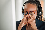 Call center stress, eye strain or black woman with headache pain due to burnout fatigue in a telecom office. Migraine, glasses or tired consultant depressed or frustrated by crm or sales deadline
