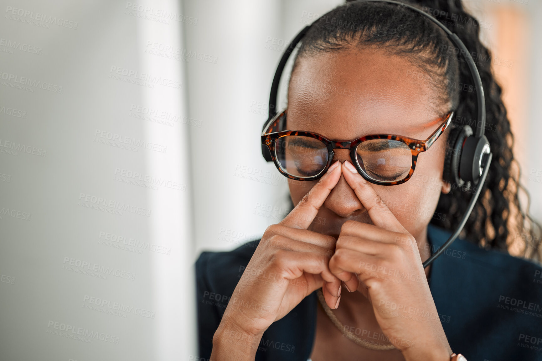 Buy stock photo Call center stress, eye strain or black woman with headache pain due to burnout fatigue in a telecom office. Anxiety, glasses or tired consultant depressed or frustrated by long hours or migraine