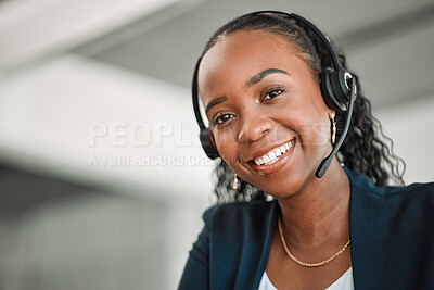 Buy stock photo Portrait, telemarketing or black woman with a smile, call center or tech support with headphones. Female person, face or consultant with telecom sales, crm or customer service with help or consulting