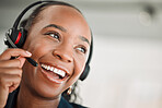 Thinking, call center and black woman with a smile, customer service and internet connection with telecom sales. Female person, consultant or agent with crm, decision or telemarketing with headphones