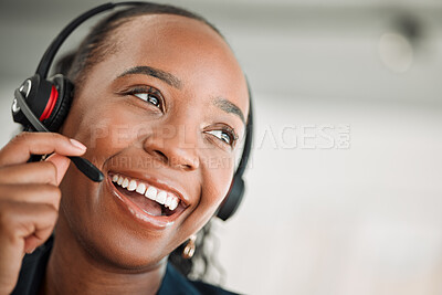 Buy stock photo Thinking, call center and black woman with a smile, customer service and internet connection with telecom sales. Female person, consultant or agent with crm, decision or telemarketing with headphones