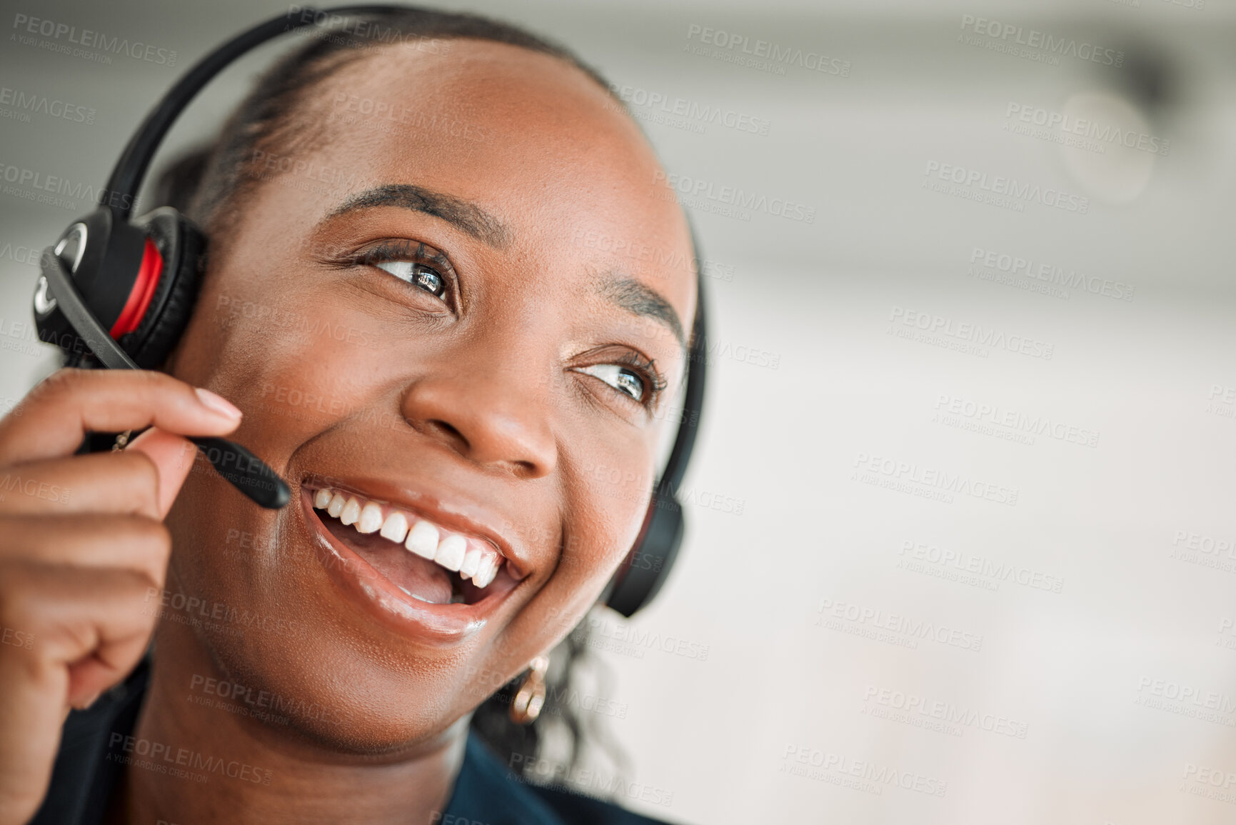 Buy stock photo Thinking, call center and black woman with a smile, customer service and internet connection with telecom sales. Female person, consultant or agent with crm, decision or telemarketing with headphones