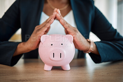 Buy stock photo Piggy bank, home hands and woman for savings, investment and mortgage loan or money management. Business insurance, security and professional person or investor sign with budget for house cover