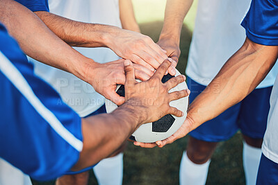 Buy stock photo Football, hands together and teamwork, support and sports for training at stadium. Collaboration, huddle and soccer players with motivation for exercise target, workout goal or success in competition