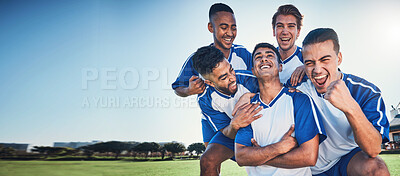Buy stock photo Sports, mockup and a team of soccer players in celebration on a field for success in a game. Football, fitness and motivation with man friends cheering as winners of a competition on a pitch together