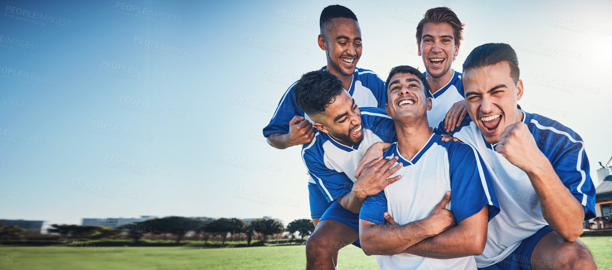 Buy stock photo Sports, mockup and a team of soccer players in celebration on a field for success in a game. Football, fitness and motivation with man friends cheering as winners of a competition on a pitch together