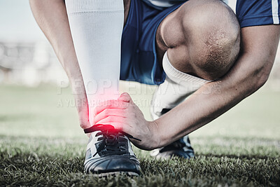 Buy stock photo Accident, sports and hand of a man on foot pain, soccer emergency and injury while training. Fitness, problem and  an athlete or football player with inflammation or a swollen muscle on the field