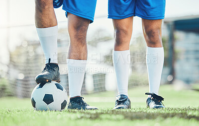 Buy stock photo Legs, soccer and ball with a team ready for kickoff on a sports field during a competitive game closeup. Football, fitness and teamwork on grass with players standing on grass to start of a match