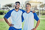 Football player, team and portrait of men together on a field for sports game and fitness. Happy male soccer or athlete friends excited for challenge, competition or motivation for training outdoor