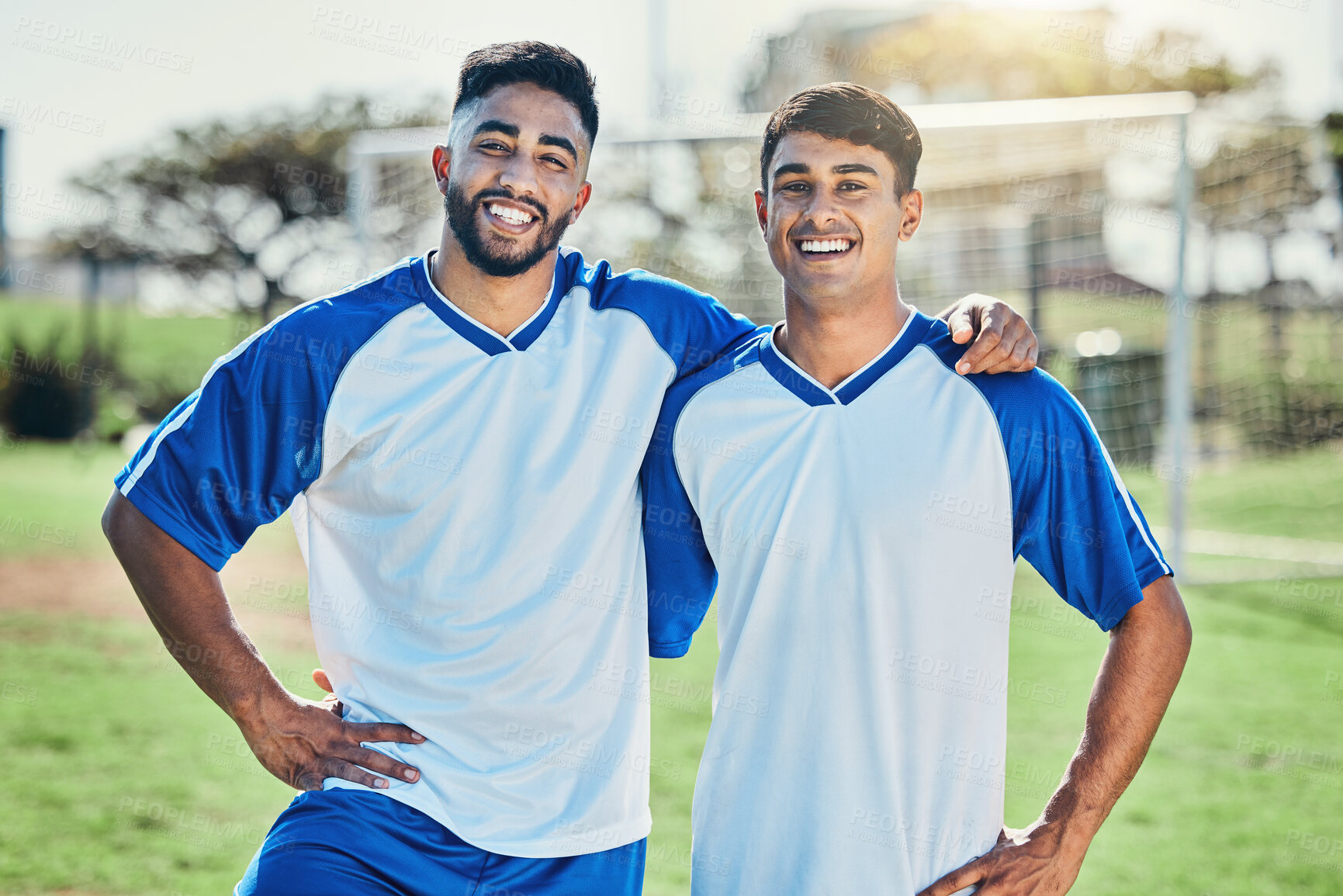 Buy stock photo Football player, team and portrait of men together on a field for sports game and fitness. Happy male soccer or athlete friends excited for challenge, competition or motivation for training outdoor