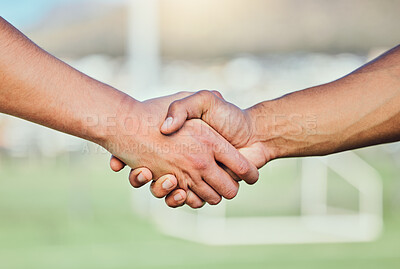 Buy stock photo Football, team handshake and partnership at stadium for sports deal, support or agreement. Collaboration, shaking hands and soccer players welcome to game, competition and workout for exercise match.
