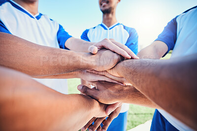 Buy stock photo Sports, circle and soccer team with stack of hands for motivation, empowerment or unity. Fitness, closeup and group of athletes or football players in a huddle for game, match or tournament on field.