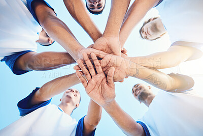 Buy stock photo Sports, circle and football team with their hands together for motivation, empowerment or unity. Fitness, teamwork and group of athletes or soccer players in a huddle before game, match or tournament