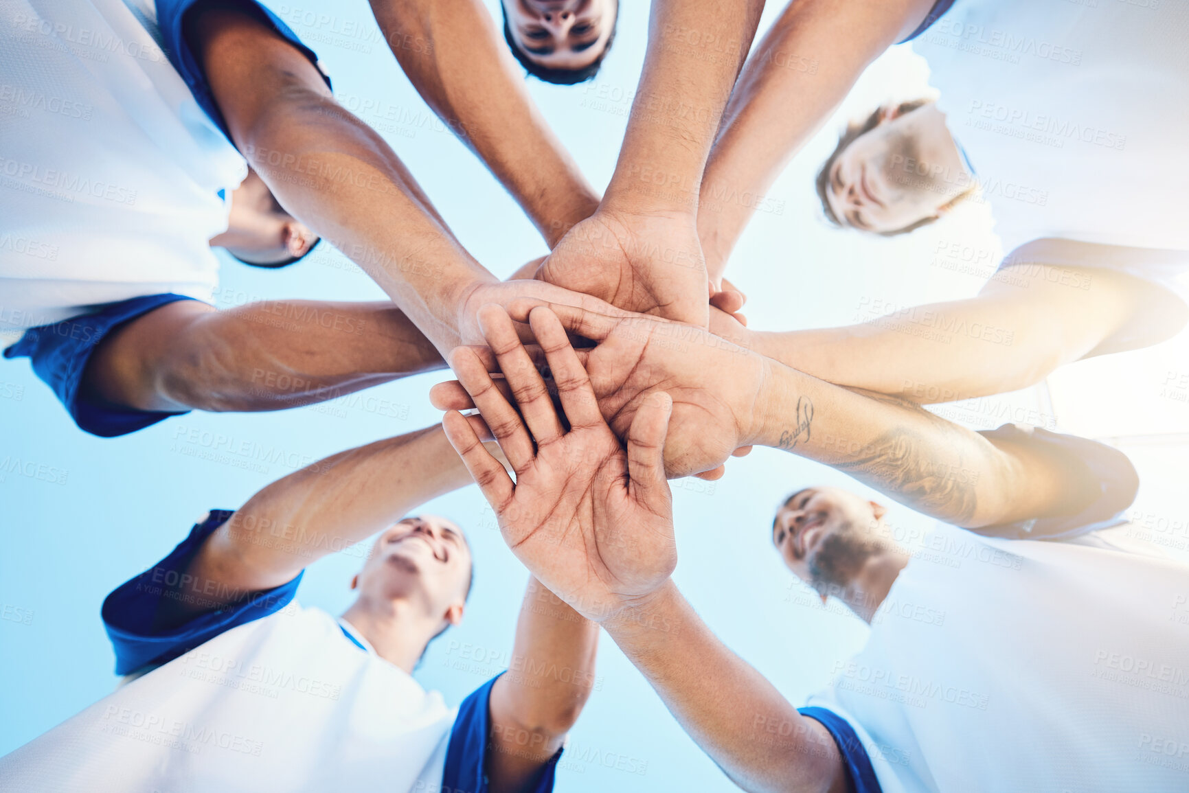 Buy stock photo Sports, circle and football team with their hands together for motivation, empowerment or unity. Fitness, teamwork and group of athletes or soccer players in a huddle before game, match or tournament