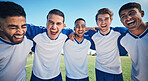 Football player, game and portrait of men together on a field for sports game and fitness. Happy male soccer team or athlete group for challenge, competition or motivation for training outdoor