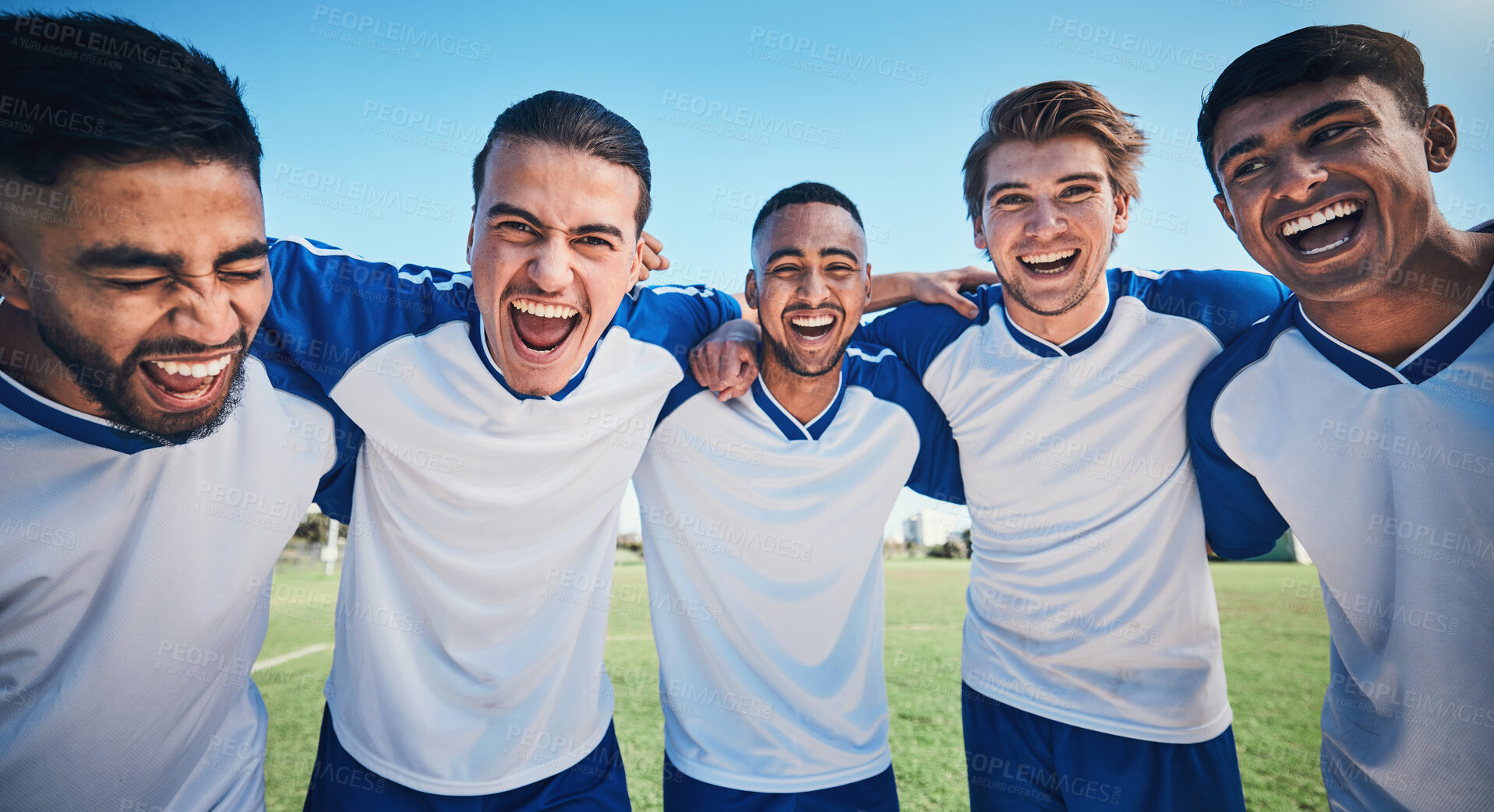 Buy stock photo Football player, game and portrait of men together on a field for sports and fitness. Happy male soccer team or athlete group for challenge, competition or motivation for training outdoor on a pitch