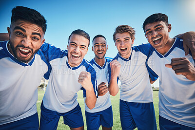 Buy stock photo Portrait, men and soccer with team and success, play game with sports and fist pump on field. Energy, action and competition, male athlete group with football player cheers and excited outdoor