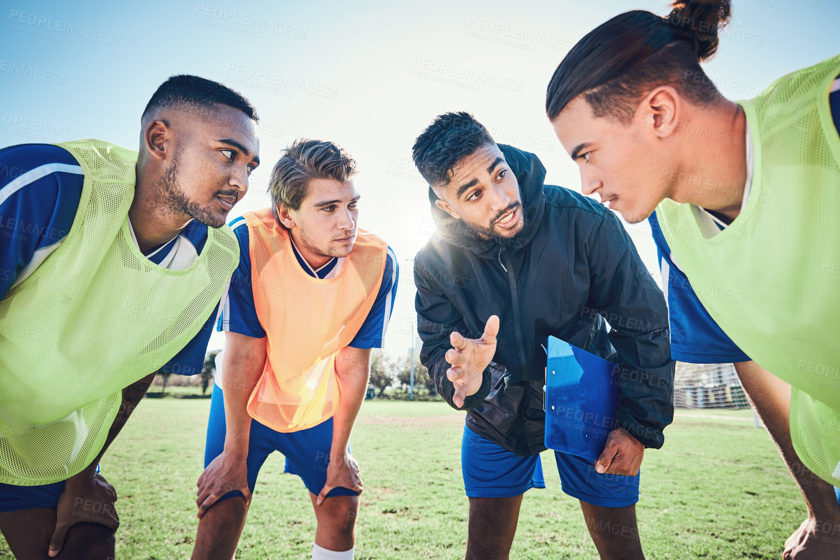 Buy stock photo Soccer player, team talk and coach on field for tactics, sport and listen together for training, advice or fitness. Athlete men, group and mentor on pitch for exercise, football or teamwork in summer