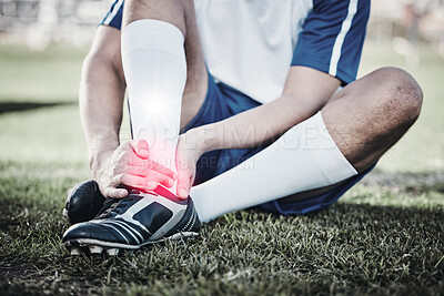 Buy stock photo Injury, soccer player or hand of a man on foot pain, emergency or accident in fitness training. Sports, problem or football athlete with muscle inflammation, broken leg or swollen ankle on field