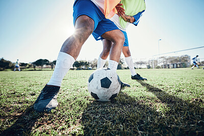 Buy stock photo Football, challenge and men with action, grass and health with fitness, competition and motion. Male players, game and athlete with sports, soccer and workout goal with teamwork, speed and training